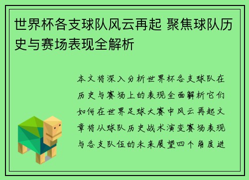 世界杯各支球队风云再起 聚焦球队历史与赛场表现全解析 世界杯各支球队风云再起 聚焦球队历史与赛场表现全解析